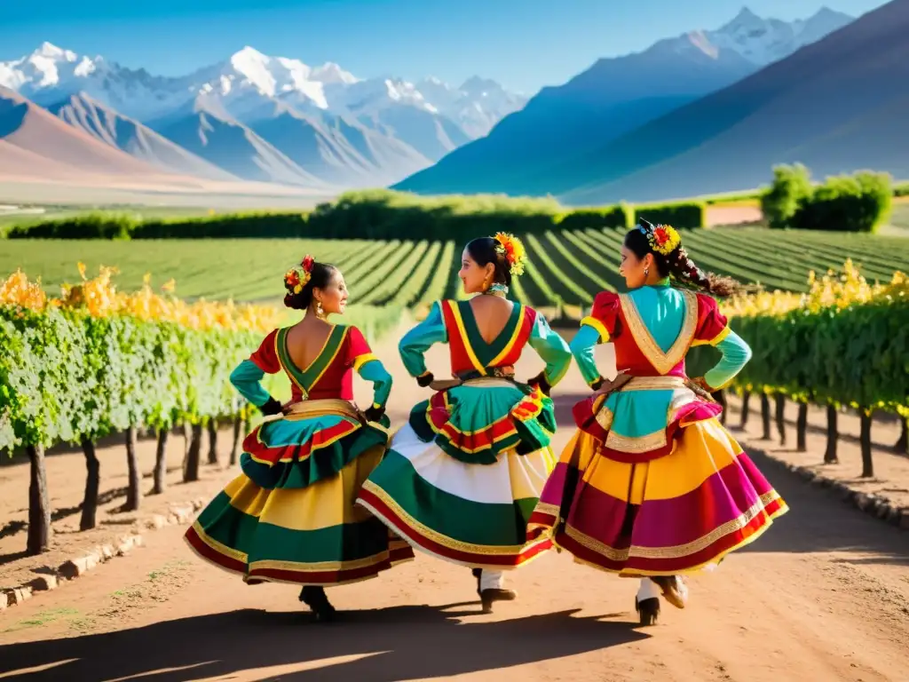 Danzas tradicionales del Festival de Mendoza: Grupo de bailarines en coloridos trajes, danzando al atardecer entre viñedos