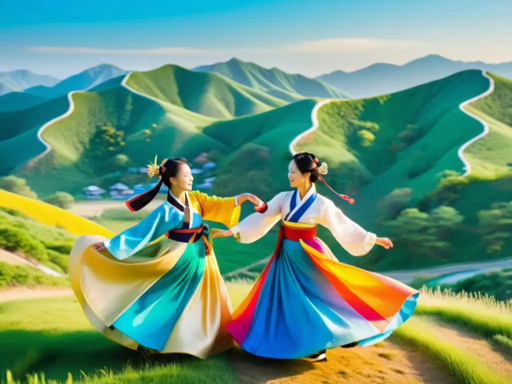 Danzas tradicionales del festival Chuseok: baile armonioso en la exuberante campiña coreana al atardecer