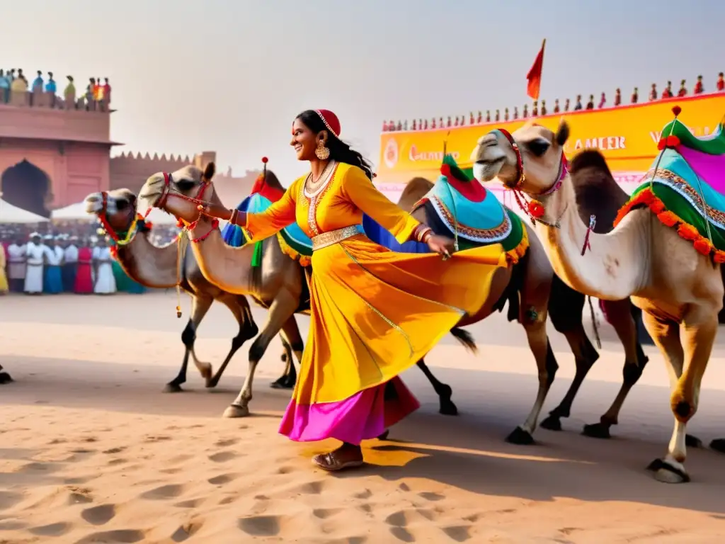 Danzas tradicionales y festival de camellos en Bikaner, Rajastán, India, con colores vibrantes y atmósfera festiva del desierto