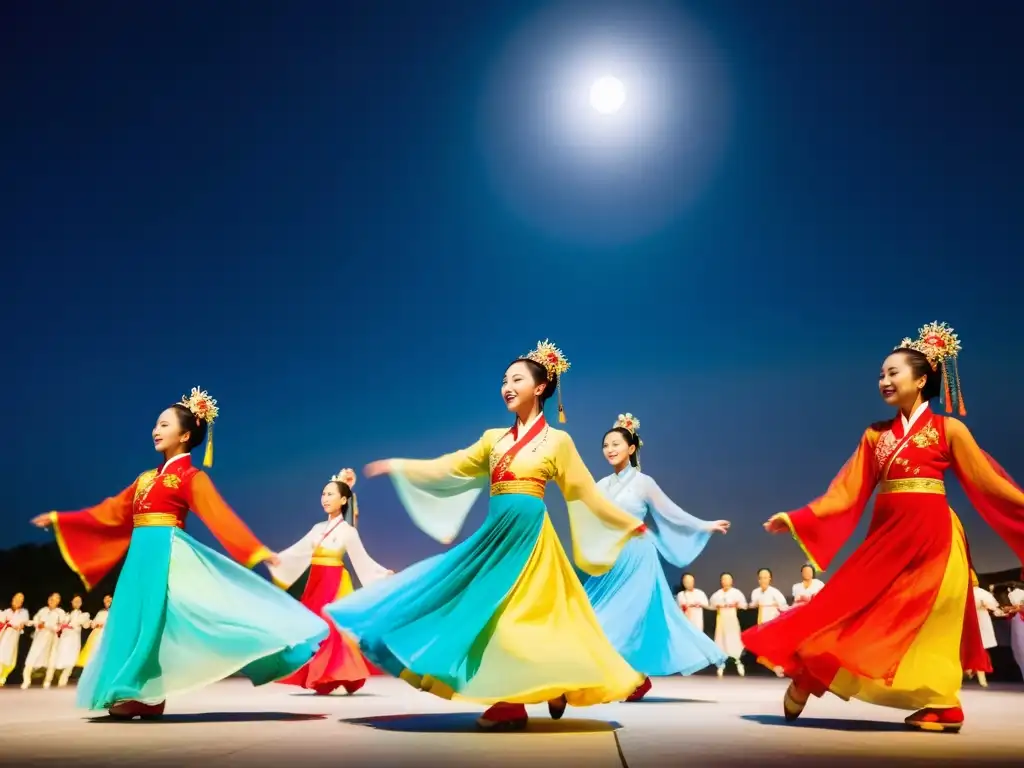 Danzas tradicionales del festival Qixi: Coloridos trajes chinos, danza sincronizada bajo la luna, espectadores asombrados