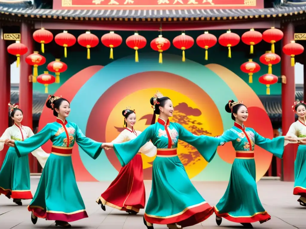 Danzas tradicionales del festival Qixi: Coloridos bailarines chinos representan la antigua historia de amor entre el Pastor y la Tejedora en un escenario lleno de lanternas y decoraciones florales, iluminados por una luz cálida y romántica