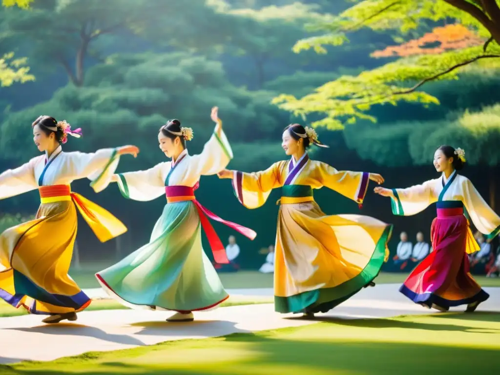 Danzas tradicionales del festival Chuseok: grupo de bailarines en hanboks vibrantes, moviéndose graciosamente al ritmo de la música tradicional, rodeados de exuberante vegetación y bañados por la cálida luz del sol