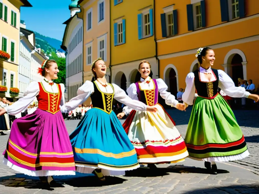 Danzas tradicionales en el Festival de Salzburgo: Coloridos trajes, movimientos alegres y arquitectura histórica en una danza cautivadora