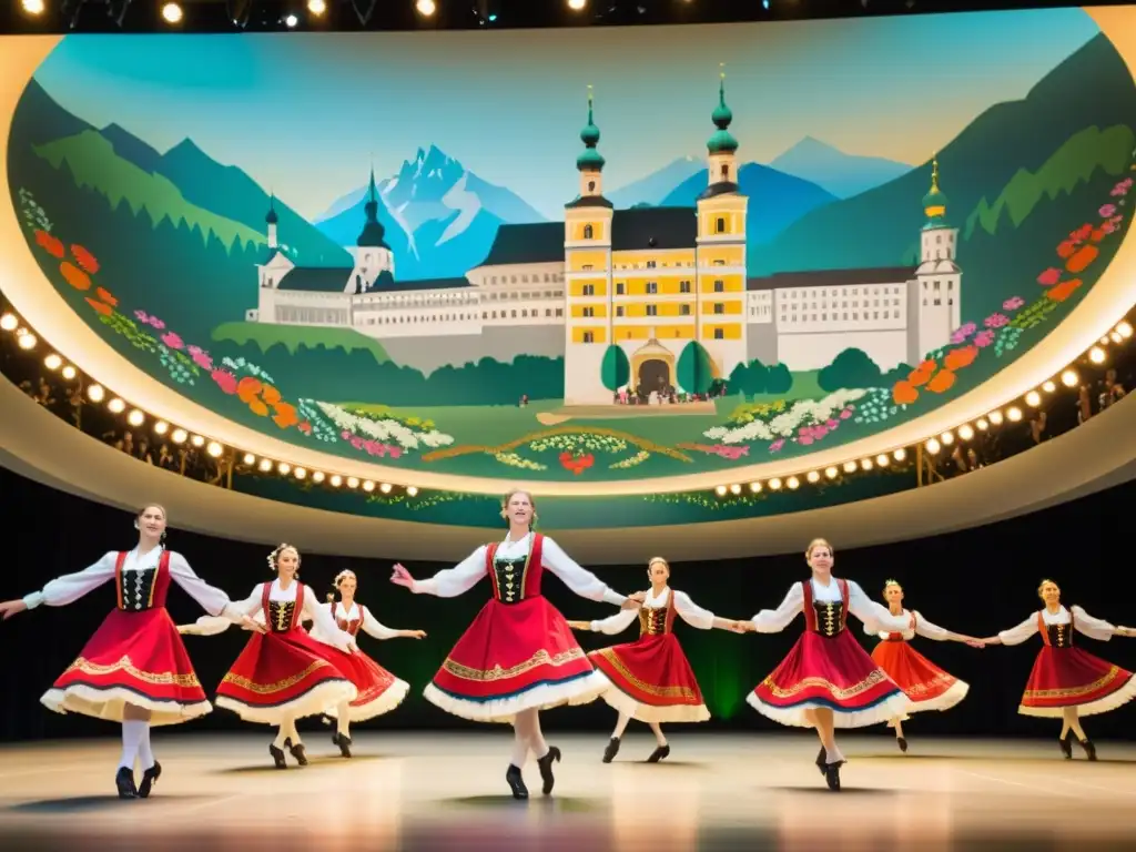 Danzas tradicionales en el Festival de Salzburgo: Bailarines austriacos con trajes vibrantes y movimientos sincronizados en un escenario grandioso