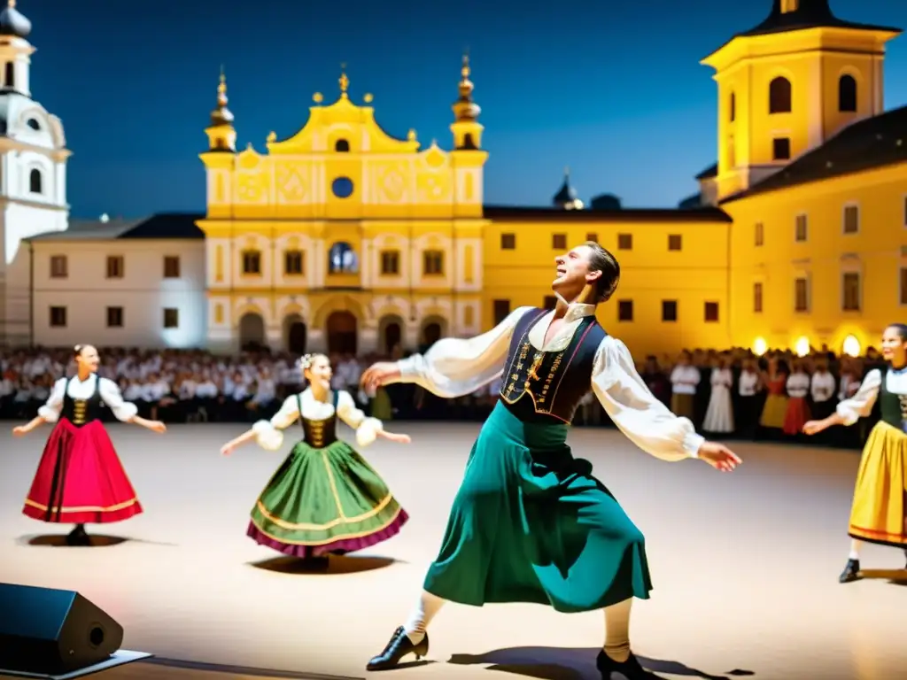 Danzas tradicionales en el Festival de Salzburgo: Detalle de baile y coloridas vestimentas en un vibrante espectáculo folclórico austriaco