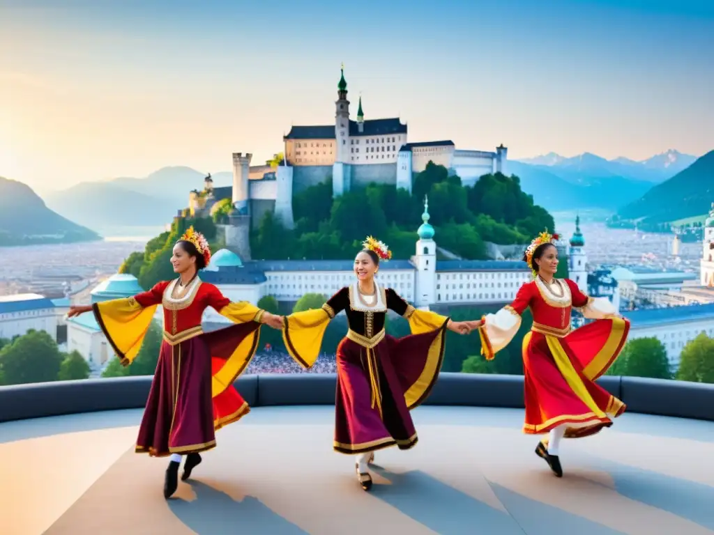 Danzas tradicionales en el Festival de Salzburgo: Coloridos bailarines actúan en un escenario al aire libre, con la ciudad al atardecer de fondo