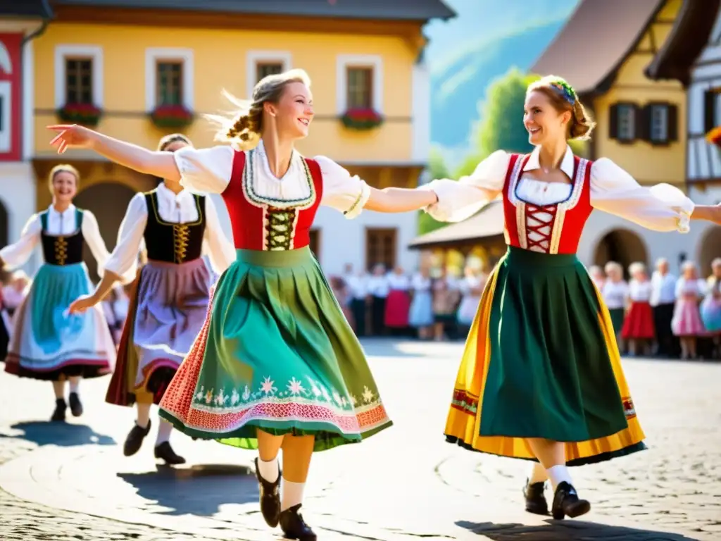 Danzas tradicionales en el Festival de Salzburgo: Coloridos trajes tradicionales giran y saltan en la plaza de un pintoresco pueblo soleado