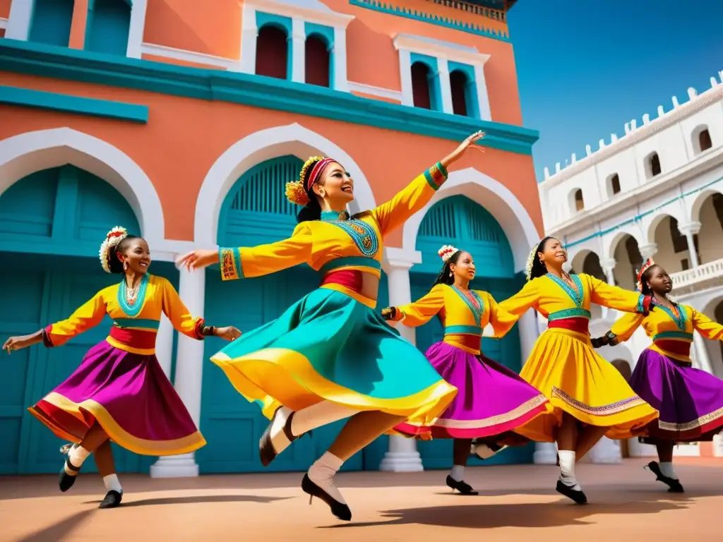 Danzas tradicionales fusionadas contemporáneas: Grupo de bailarines con trajes coloridos y detallados, danzando con gracia y energía