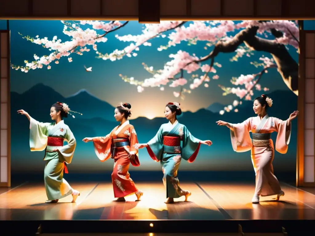 Danzas tradicionales de Japón: Graciosa actuación de baile japonés con kimonos vibrantes y escenario decorado con elegantes cerezos en flor