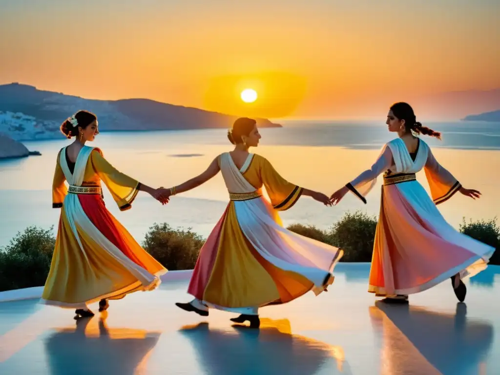 Danzas tradicionales griegas en atardecer sobre el mar Egeo, con movimientos gráciles y coloridos trajes, capturando su significado cultural