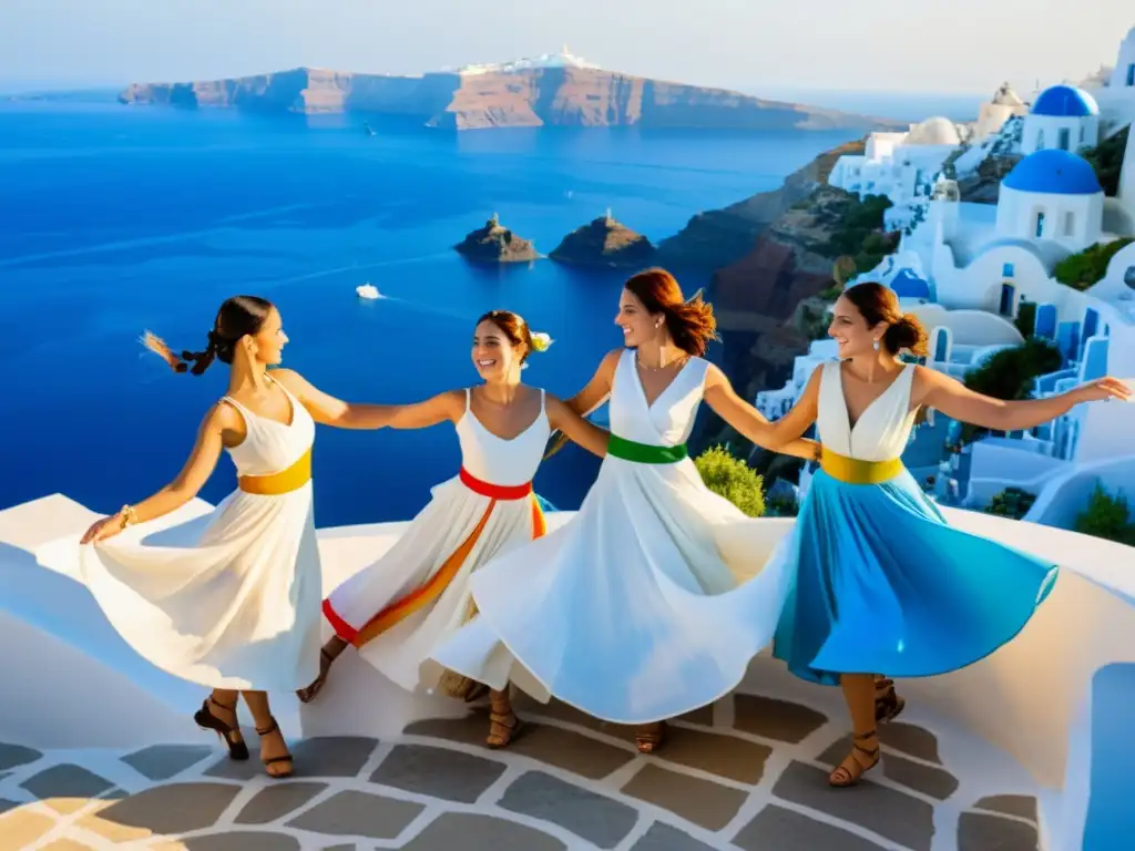 Aprender danzas tradicionales griegas: Bailarines con trajes coloridos realizan una animada danza frente al mar y los edificios blancos de Santorini