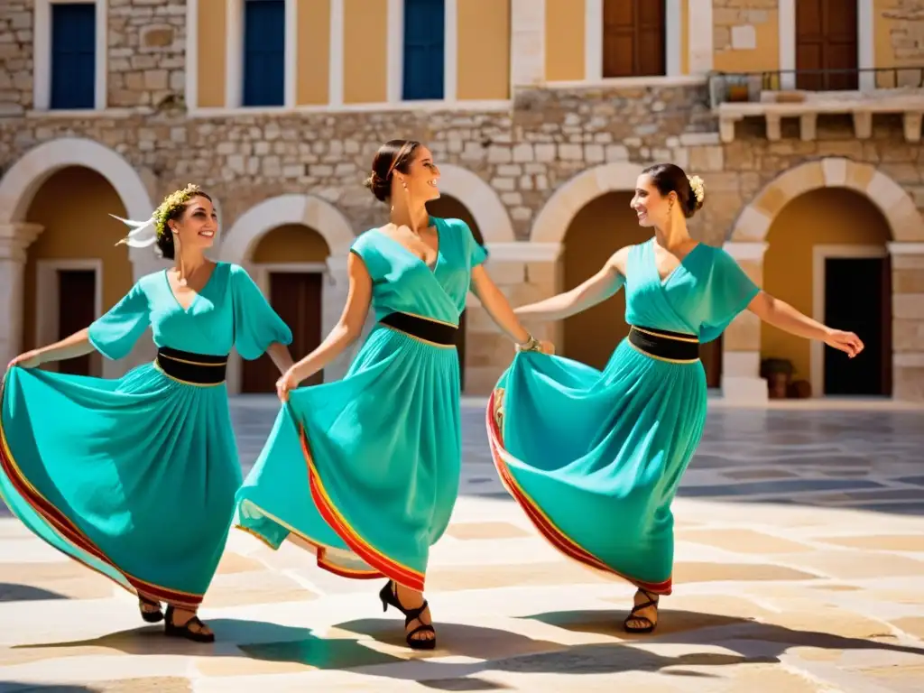 Danzas tradicionales griegas sirtaki educativas: Grupo de bailarines en vibrantes trajes tradicionales, bailando en una plaza soleada con edificios antiguos alrededor