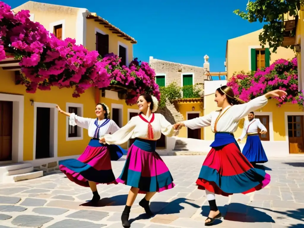 Danzas tradicionales griegas sirtaki educativos: Gracia y color en baile tradicional griego en la plaza del pueblo