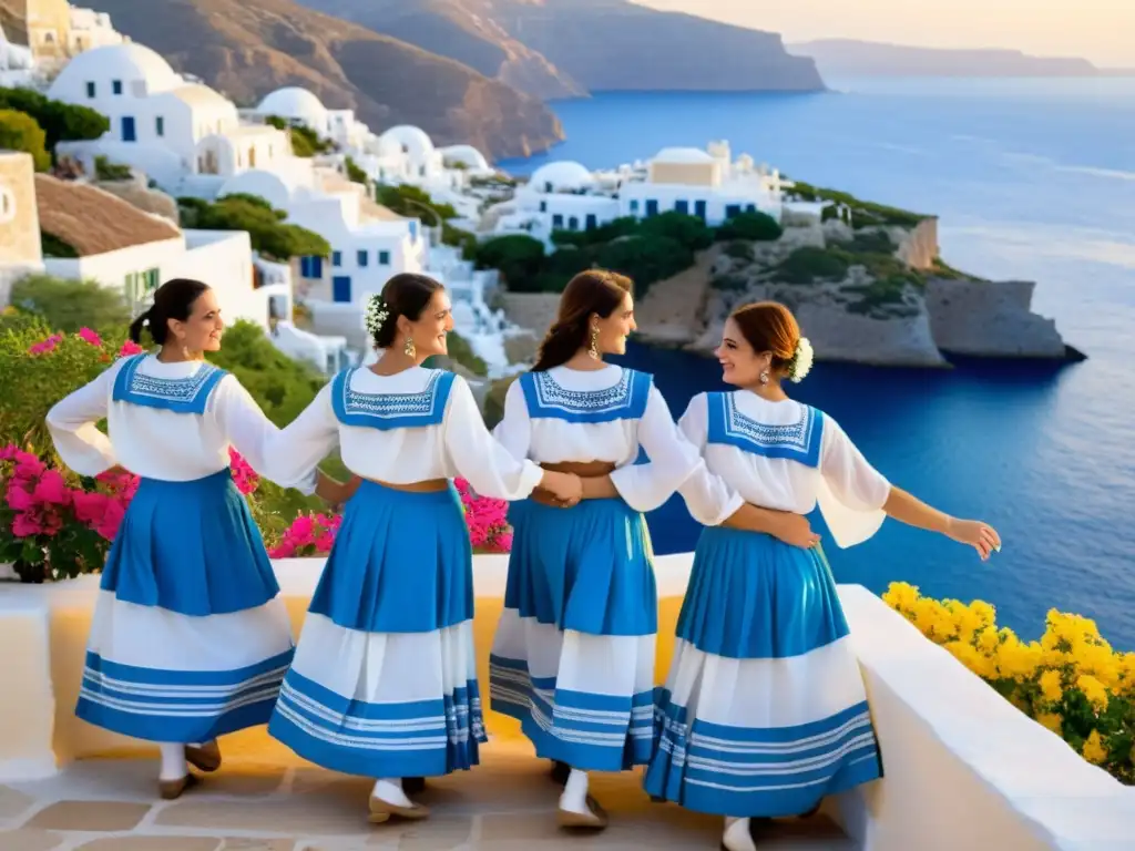 Danzas tradicionales griegas sirtaki educativos: Grupo de bailarines griegos en trajes tradicionales blancos y azules, bailando con alegría frente al mar Egeo al atardecer