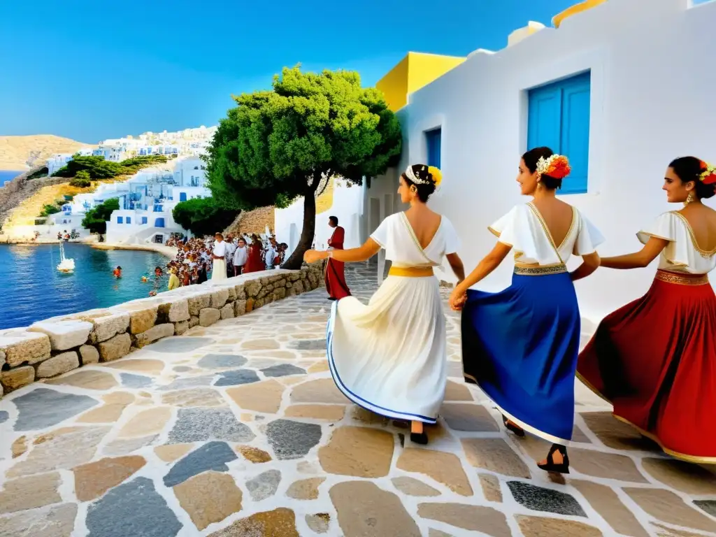 Danzas tradicionales griegas significado cultural: Grupo de bailarines en vibrantes trajes tradicionales, bailando en la soleada calle de Grecia, con el mar Egeo de fondo