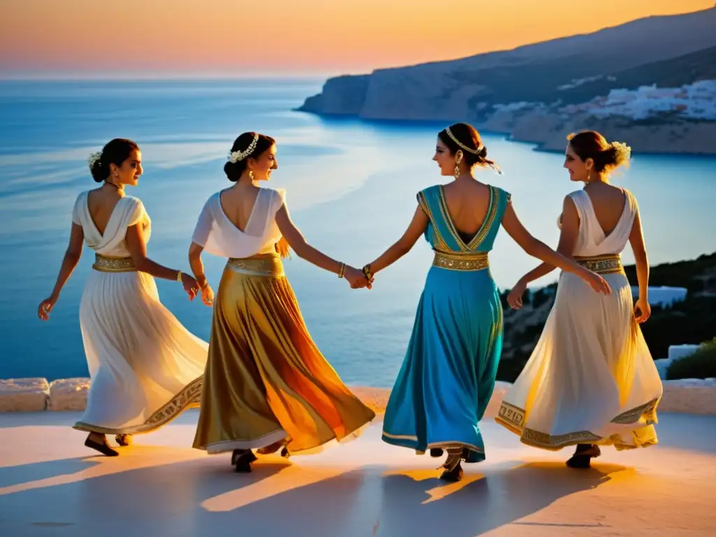 Danzas tradicionales griegas significado cultural: Grupo de bailarines con trajes griegos, danzando al atardecer junto al mar Mediterráneo