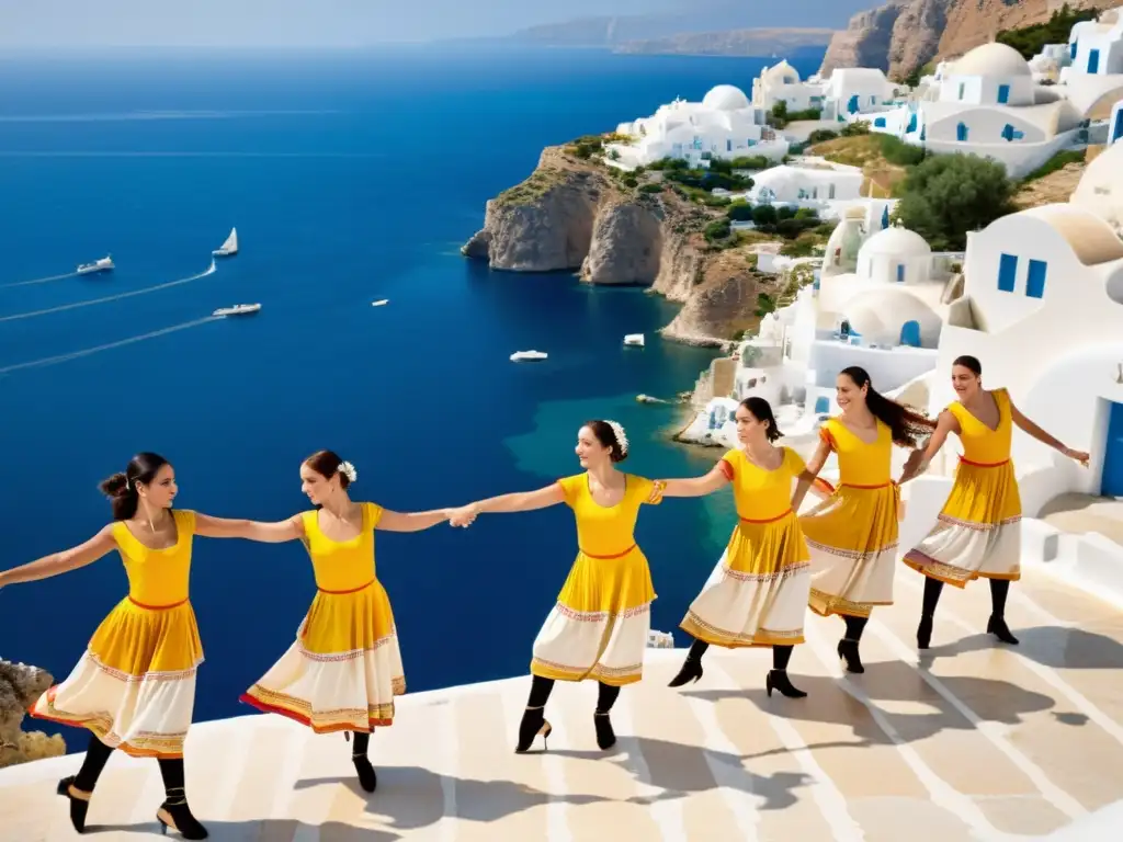 Danzas tradicionales griegas significado cultural: Grupo de bailarines griegos en trajes vibrantes danzando en un pueblo blanco junto al mar