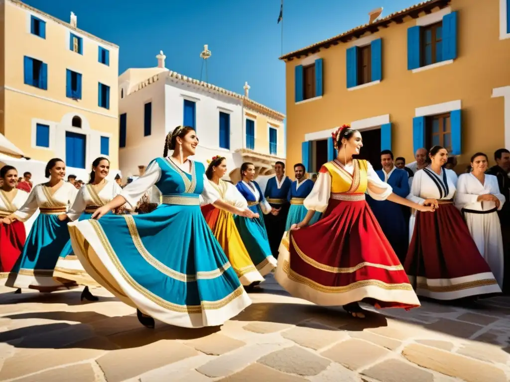 Danzas tradicionales griegas significado cultural: Grupo de bailarines griegos en trajes vibrantes realizando una coreografía en una plaza soleada