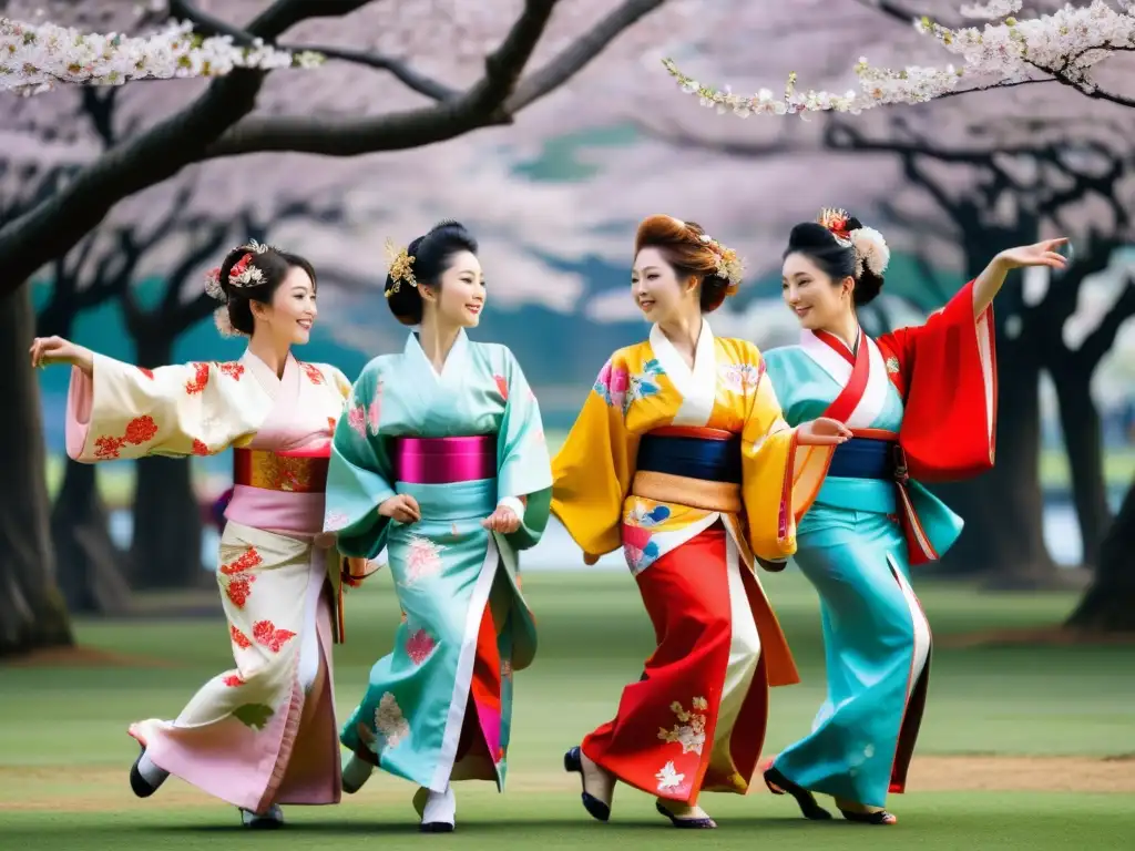 Danzas tradicionales de Japón: Grupo de bailarinas japonesas con kimonos vibrantes realizando una grácil danza bajo cerezos en flor