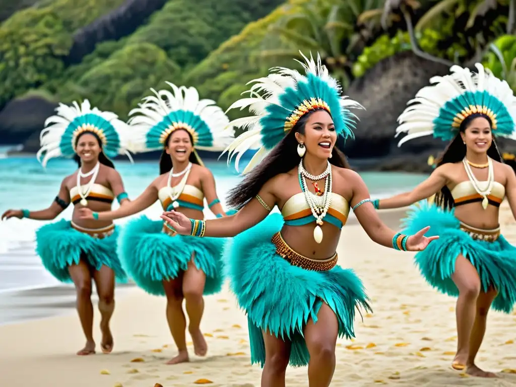 Danzas tradicionales de Oceanía: Grupo de bailarines isleños en trajes vibrantes, bailando en la playa con el océano turquesa de fondo