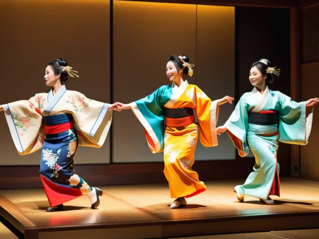 Danzas tradicionales en Japón: Grupo de bailarines japoneses con kimono vibrante, realizando la danza Noh en un escenario iluminado