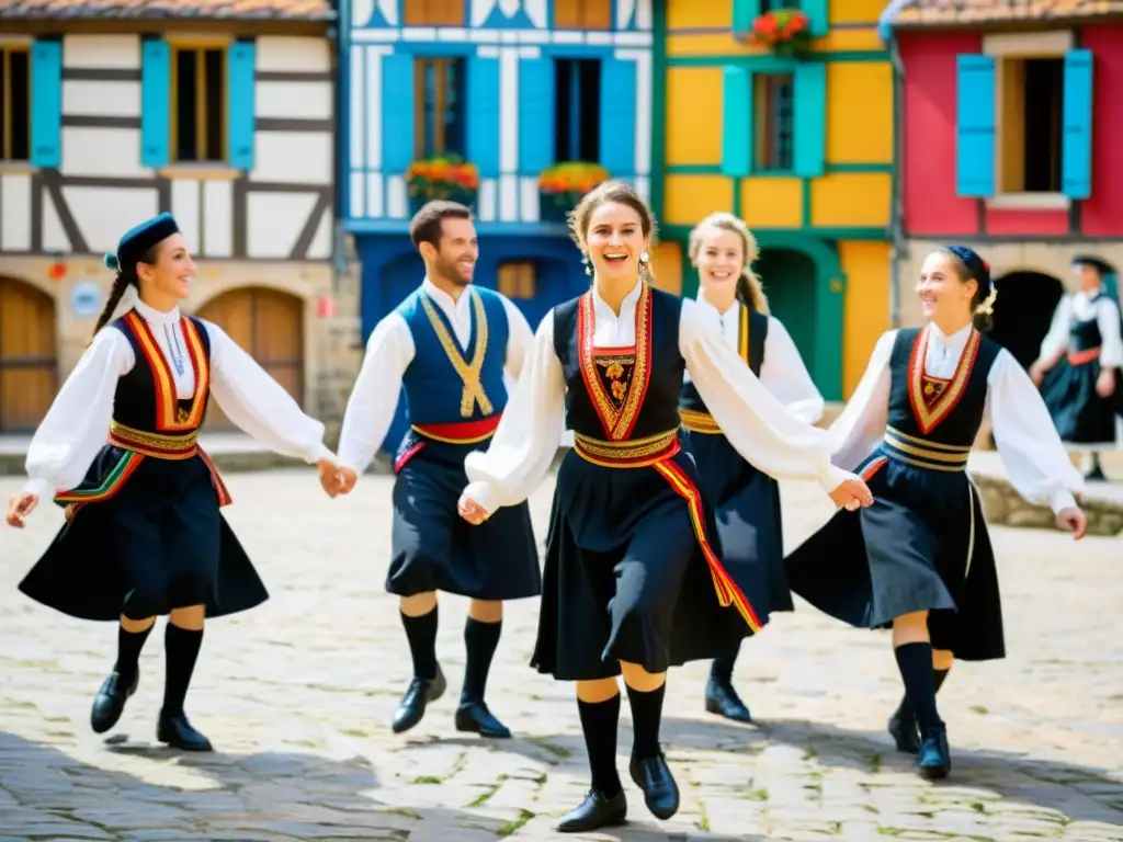 Danzas tradicionales de Bretaña: Grupo de bailarines bretones con trajes coloridos realizando la Gavotte en una plaza del pueblo