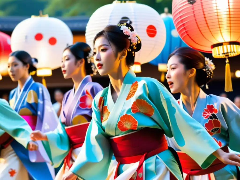 Danzas tradicionales de Japón: Grupo de bailarines japoneses ejecutando el elegante y complejo Bon Odori, rodeados de hermosas linternas de papel