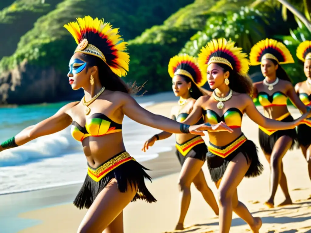 Danzas tradicionales de Oceanía: Grupo de bailarines oceánicos en una playa, con trajes vibrantes y danza sincronizada, bajo una cálida luz dorada