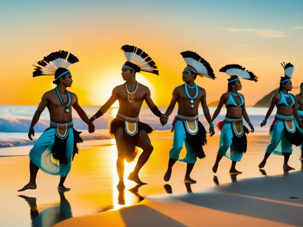 Danzas tradicionales de Oceanía: Grupo de bailarines indígenas en trajes vibrantes, realizando un ritual en la playa al atardecer