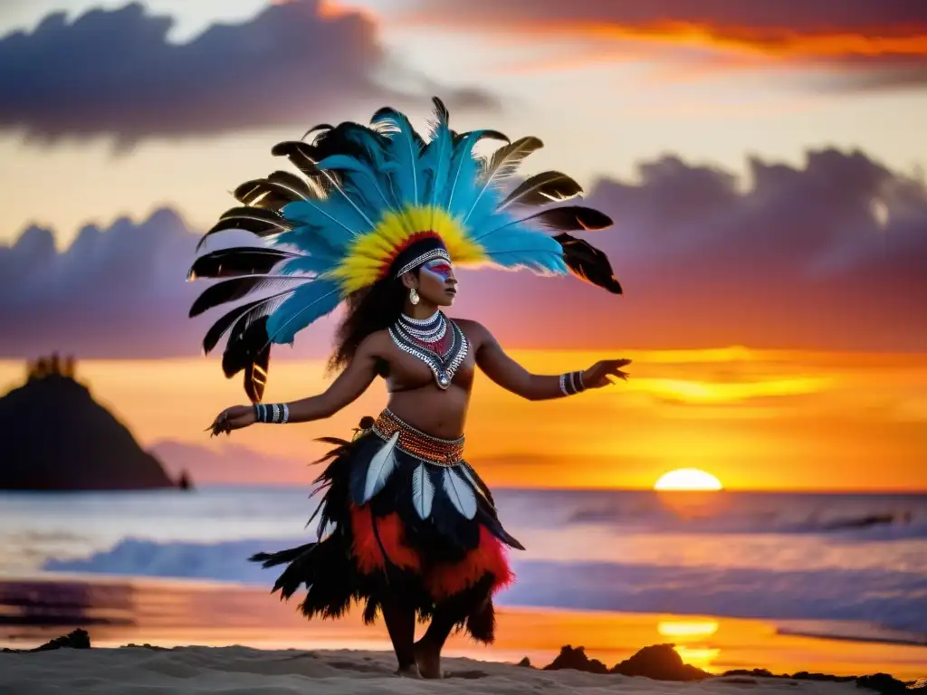 Danzas tradicionales de Oceanía: Grupo de bailarines con plumas y pinturas corporales, danzando al atardecer en una remota isla del Pacífico