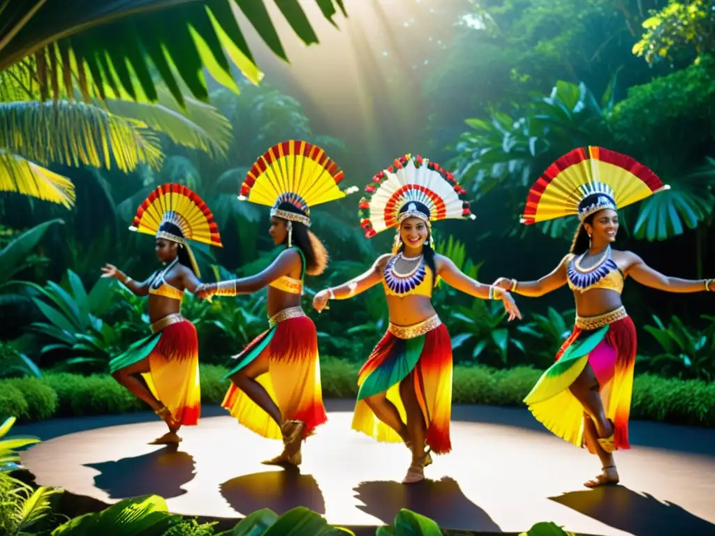 Danzas tradicionales de Oceanía: Grupo de bailarines Oceanic con trajes vibrantes y tocados ceremoniales, danzando en paisaje tropical exuberante