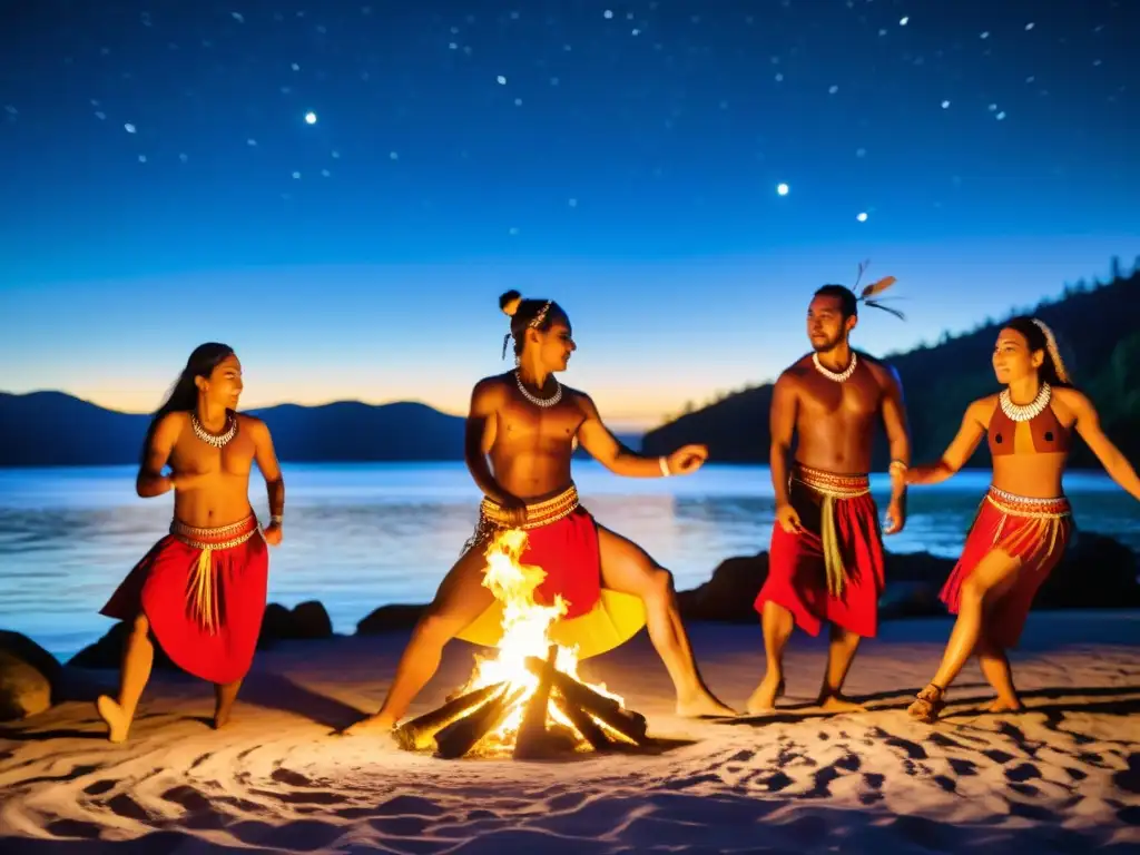 Danzas tradicionales en Oceanía: grupo de bailarines indígenas bajo el cielo estrellado, junto a una fogata, en un entorno natural impresionante