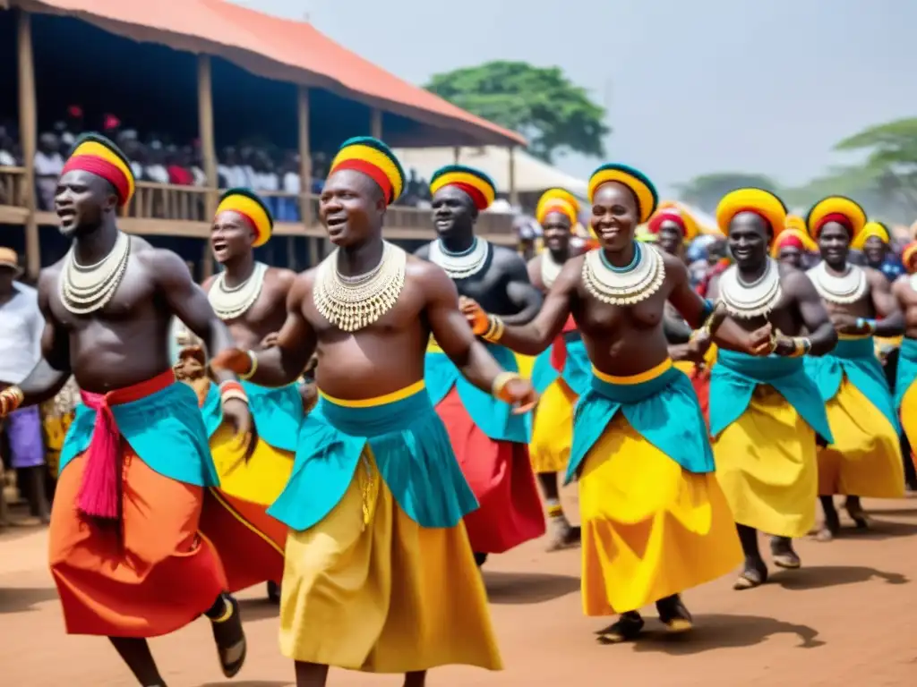 Danzas tradicionales guineanas significado cultural: Grupo de bailarines en vibrantes trajes, expresando la rica herencia cultural de las danzas Yankadi y Macru