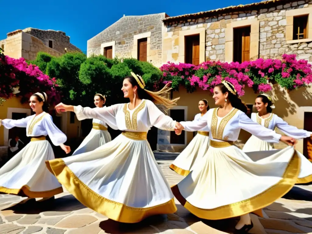 Danzas tradicionales helénicas significado cultural: Grupo de bailarines griegos vistiendo trajes tradicionales blancos y dorados, bailando con energía en una plaza soleada, mostrando la rica herencia cultural helénica