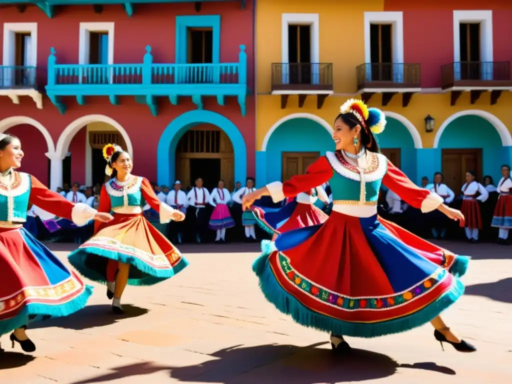 Danzas tradicionales en honor Virgen del Carmen: Grupo de bailarines chilenos con trajes vibrantes, danza en plaza soleada