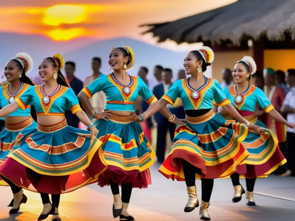 Vibrante exhibición de danza tradicional: colores, movimientos y emoción Danzas tradicionales preservación identidad cultural: Grupo de bailarines en coloridos trajes tradicionales, desplegando energía y orgullo ante una multitud asombrada y feliz