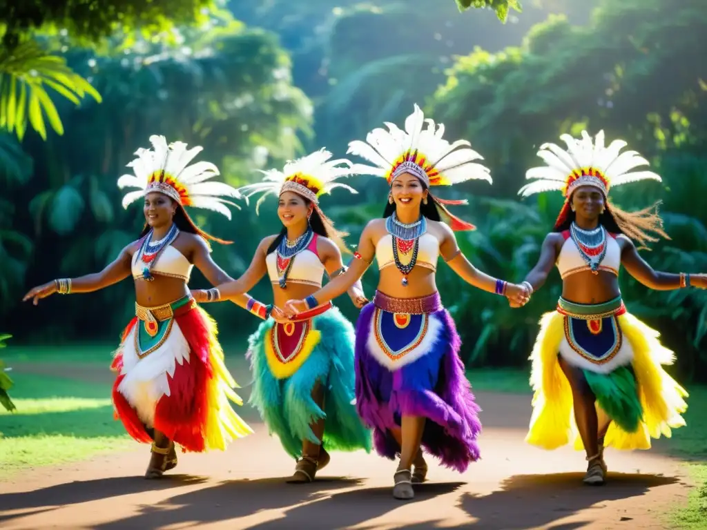 Danza tradicional con trajes vibrantes y plumas coloridas Danzas tradicionales preservación identidad cultural: Bailarines con trajes de plumas y energía en la naturaleza exuberante