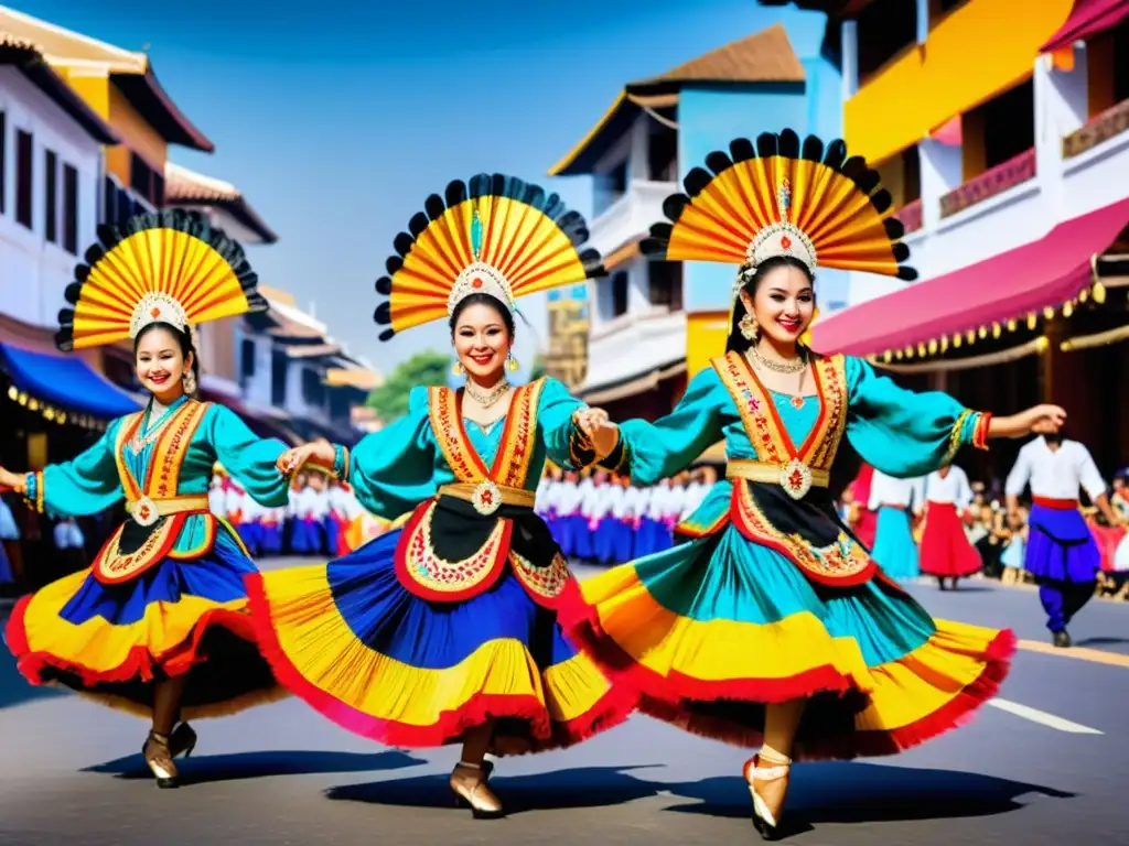 Danza tradicional llena de energía y color en la ciudad Danzas tradicionales preservación identidad cultural: Grupo de bailarines con trajes vibrantes ejecutan una danza alegre en la ciudad