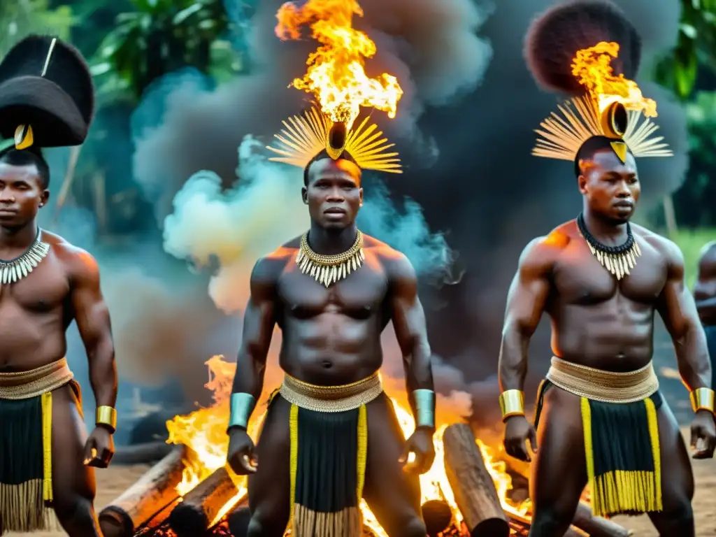 Danzas tradicionales Bwiti Gabón: Imagen detallada de Bwiti dancers en trajes tradicionales, realizando un ritual alrededor del fuego