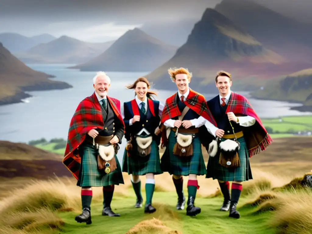 Danzas tradicionales de la Isla de Skye: Bailarines escoceses en vibrantes kilts y chales, con los Cuillin de fondo y una atmósfera mística