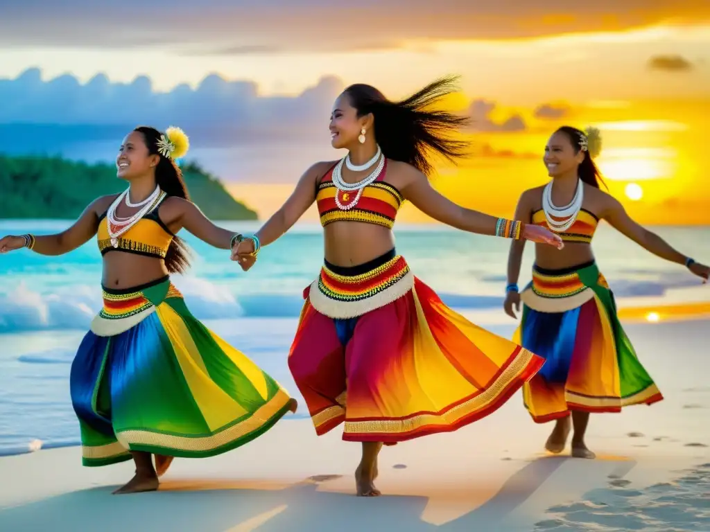 Danzas tradicionales Islas Marshall: Grupo colorido bailando en la playa al atardecer, transmitiendo alegría y herencia cultural