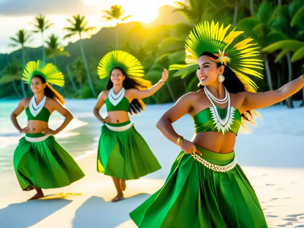 Danzas tradicionales islas Cook: Bailarines con trajes vibrantes en una playa, mientras el sol se pone y las palmeras se mecen al ritmo de la danza