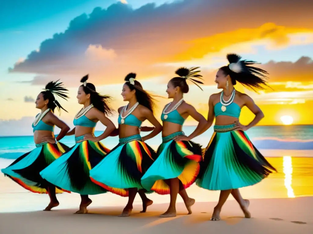 Danzas tradicionales islas Cook: Grupo de bailarines en trajes coloridos danzando al atardecer en una playa de aguas turquesas