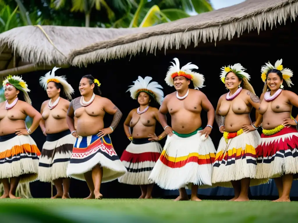 Danzas tradicionales islas Cook: Bailarines con trajes vibrantes y movimientos gráciles, envueltos en la atmósfera cultural de las islas