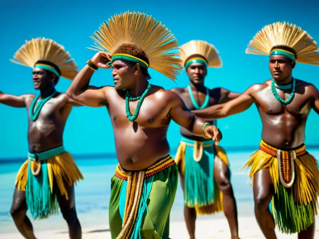 Danzas tradicionales de las Islas Salomón: Grupo de bailarines con coloridos trajes, danzando en la costa, bajo el cálido sol