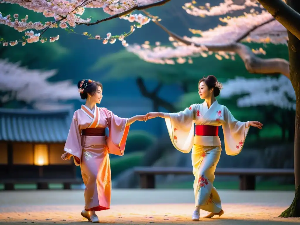 Danzas tradicionales japonesas hanami bajo cerezos en flor y luz de luna, un espectáculo de belleza y tradición