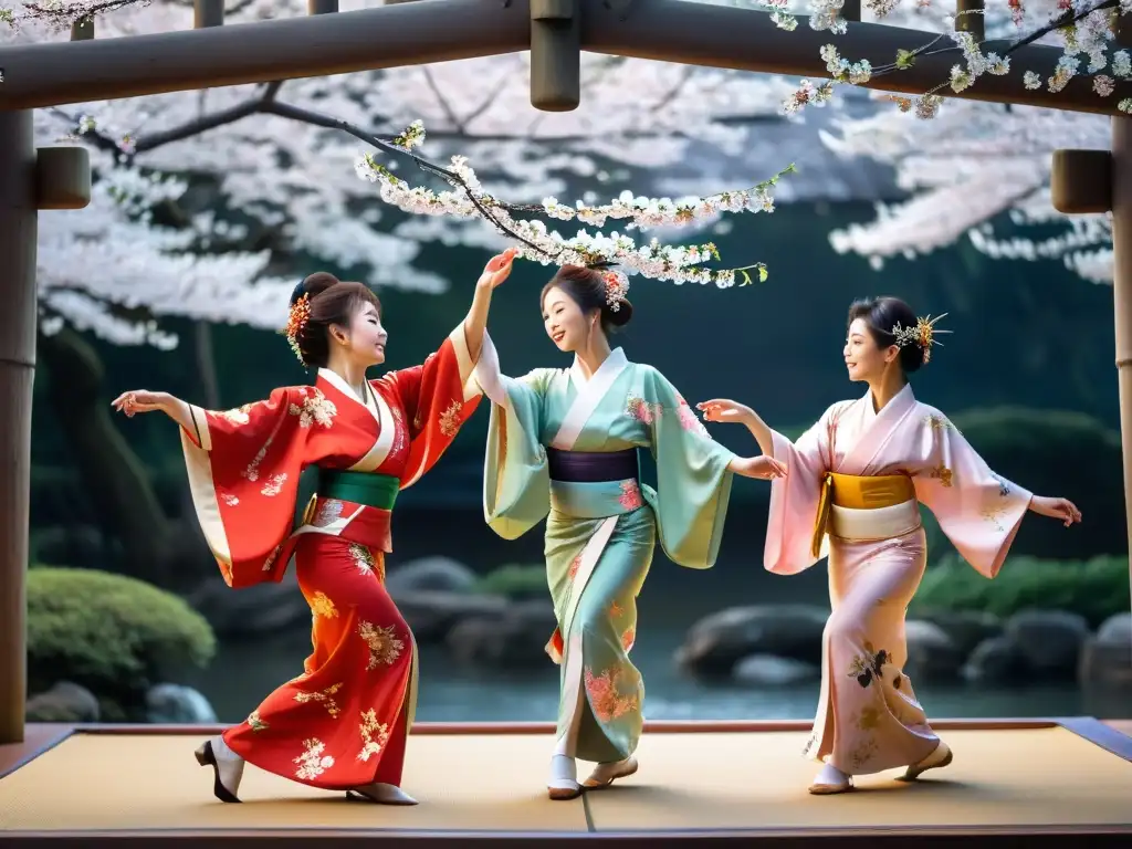 Danzas tradicionales japonesas hanami: Grupo de bailarines en kimono bajo los cerezos en flor, danza grácilmente en la noche iluminada por la luna