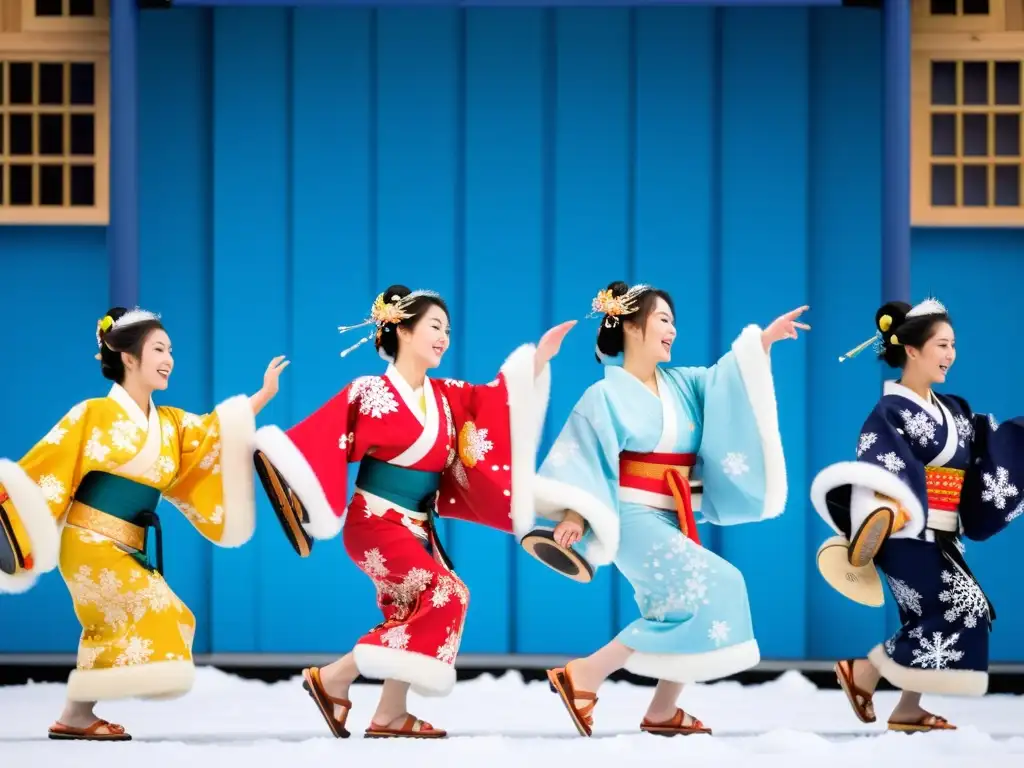 Danzas tradicionales japonesas en Sapporo: Grácil baile en el Festival de la Nieve, con kimonos vibrantes y paisaje invernal encantador