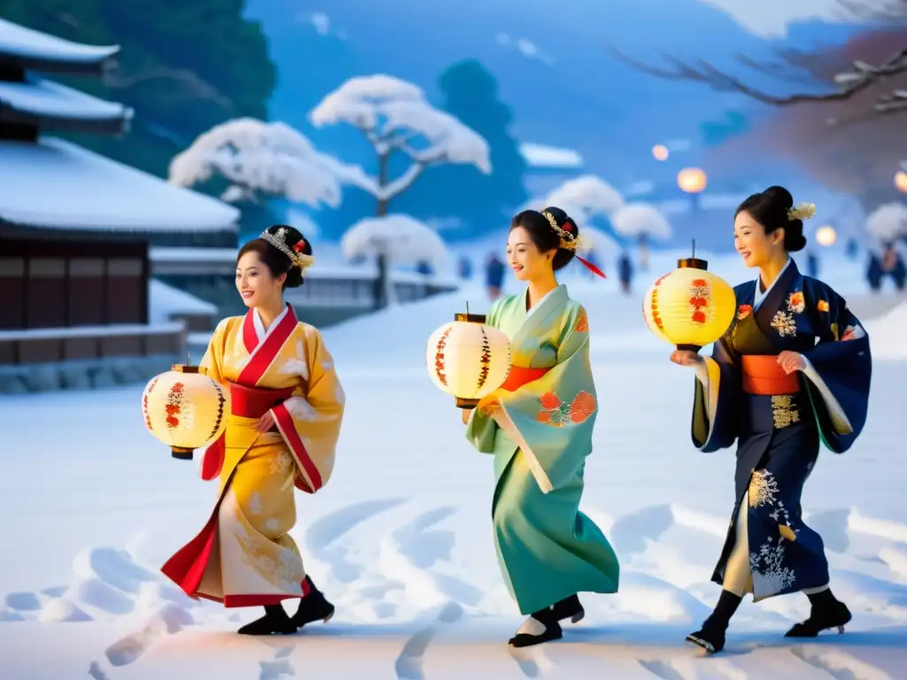 Danzas tradicionales japonesas en Sapporo: Gráciles movimientos de bailarines en kimonos vibrantes, iluminados por faroles, sobre la nieve