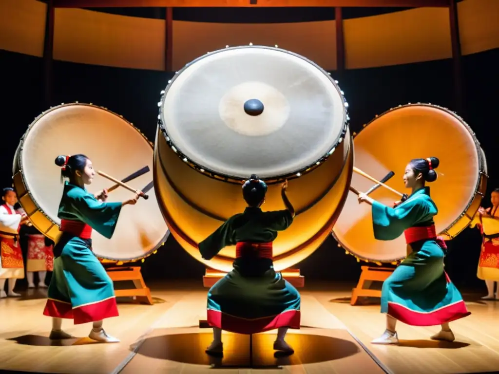 Intensidad y precisión: Impacto de taiko japonés Danzas tradicionales japonesas con tambores: Grupo de artistas en trajes tradicionales, listos para tocar los tambores con intensidad y precisión